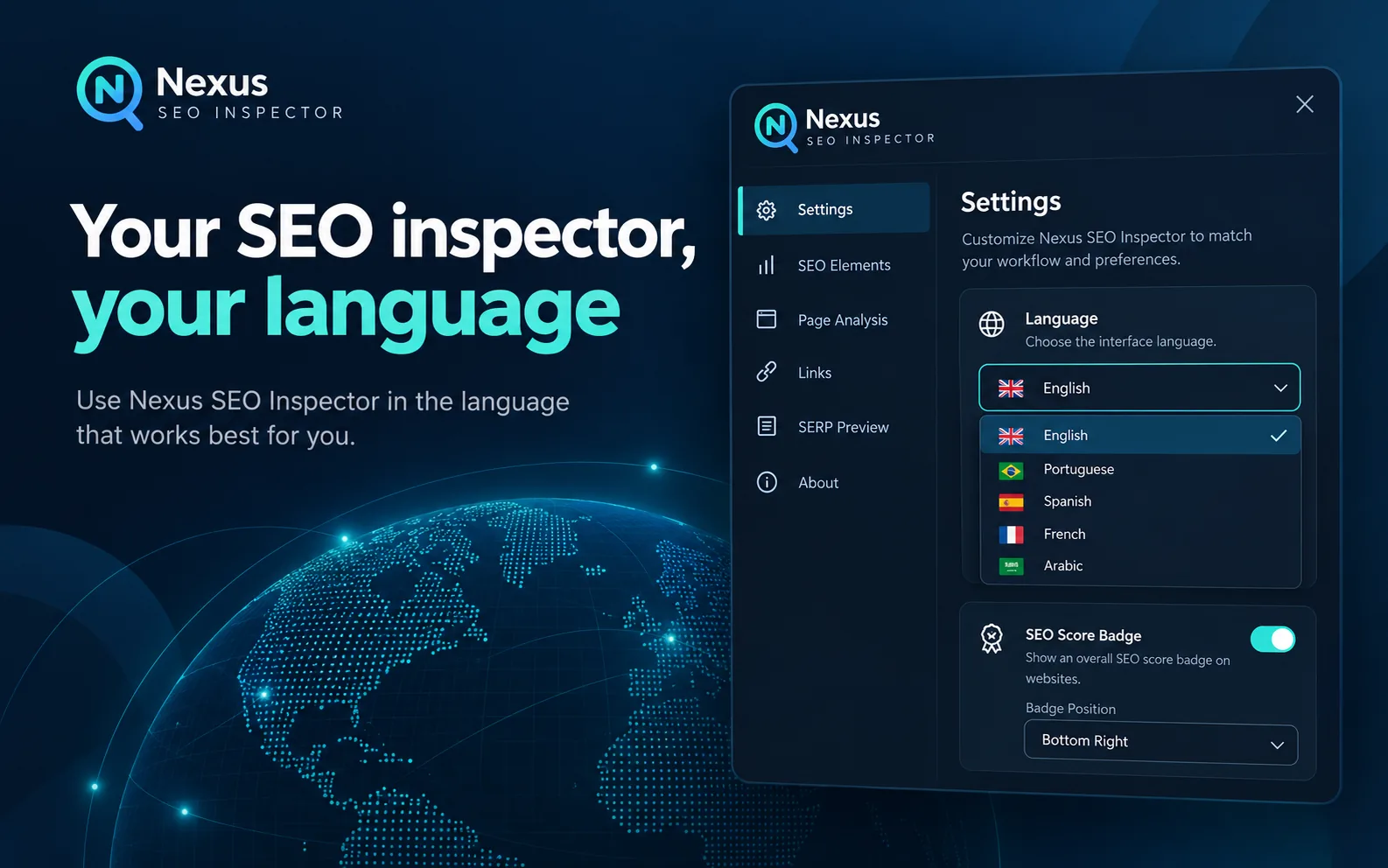 Nexus SEO Inspector settings screen with the interface language menu open