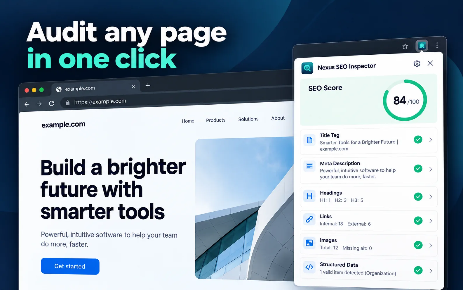Nexus SEO Inspector popup showing an SEO score of 84 out of 100 with title tag, meta description, headings, links, images and structured data checks