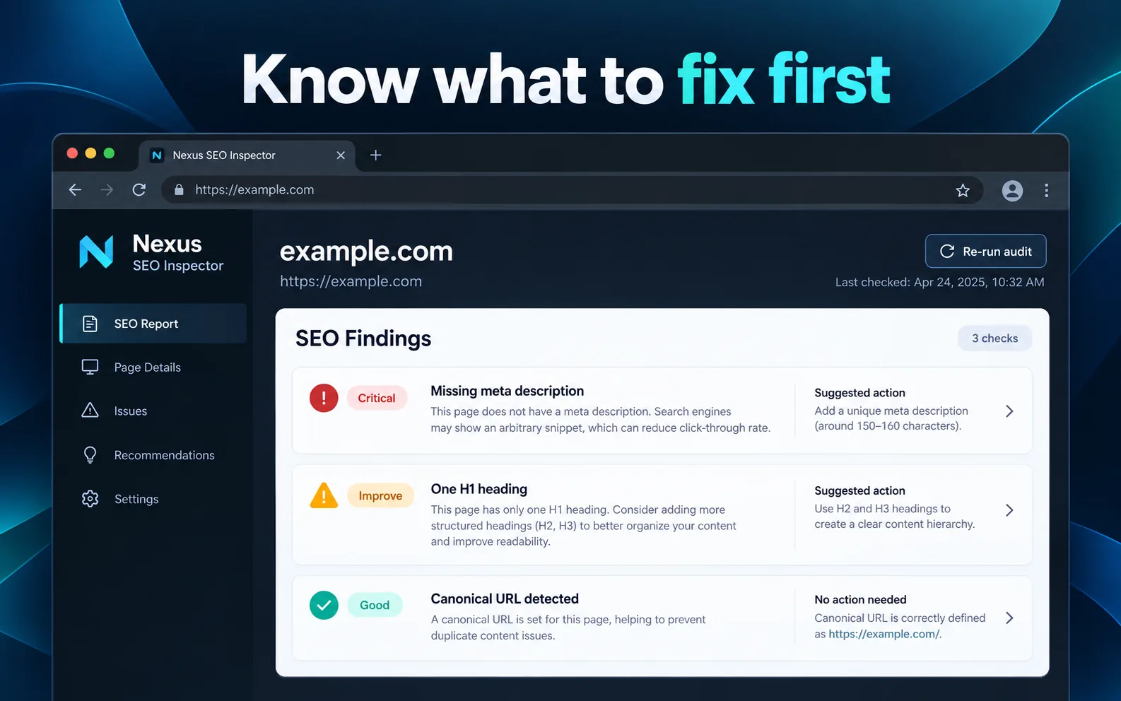 SEO findings list with critical, improve and good labels and a suggested action for each item