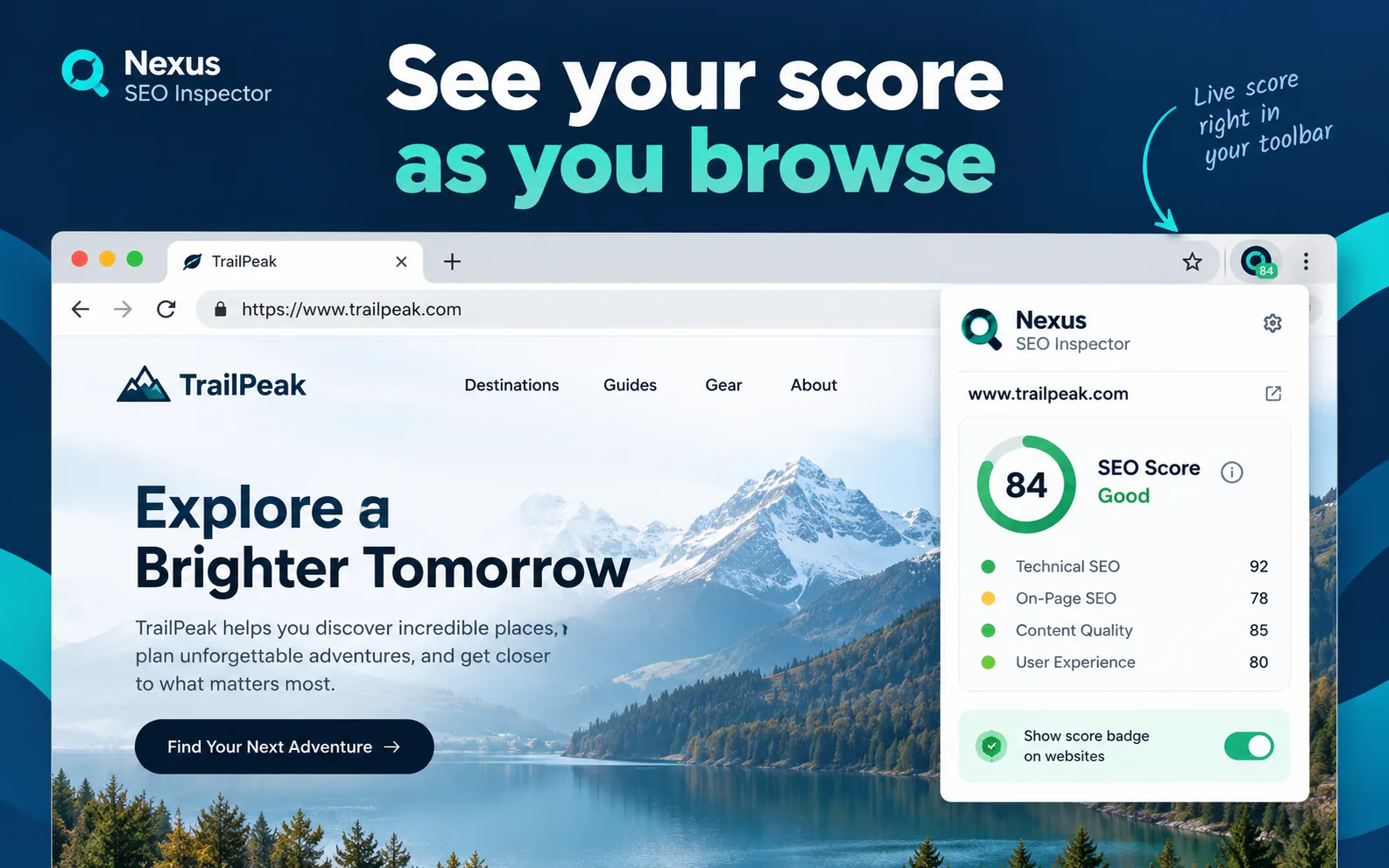 Chrome toolbar with the Nexus SEO Inspector icon showing a score badge of 84 for the open website