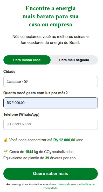 Calculadora da Brasil Energia mostrando economia de até R$ 12.000 por ano, 1.944 kg de CO₂ neutralizados e o equivalente a 39 árvores plantadas para uma conta de R$ 5.000 em Campinas