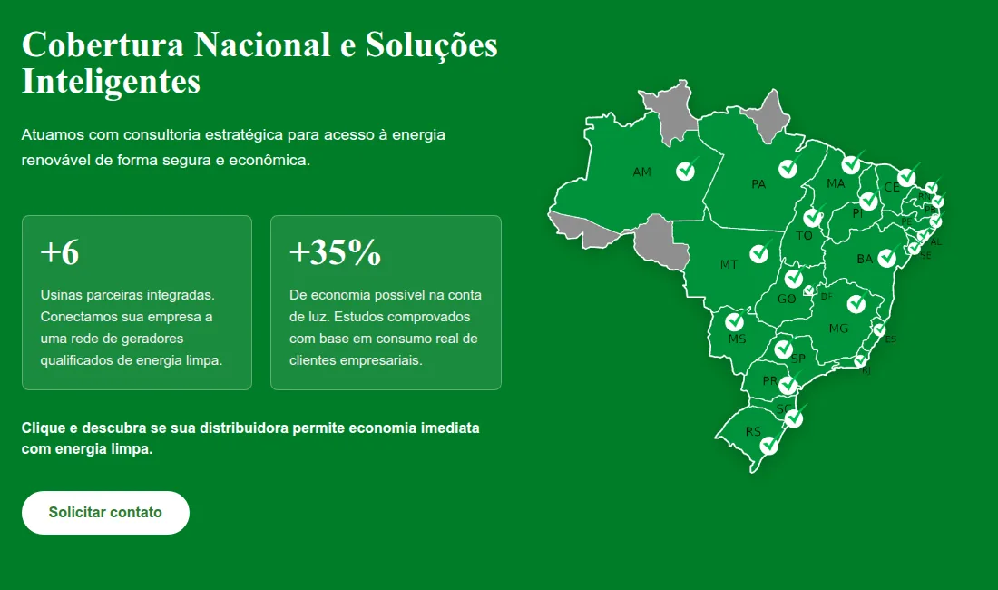 Mapa do Brasil mostrando os estados atendidos pela rede de usinas parceiras da Brasil Energia Consultoria