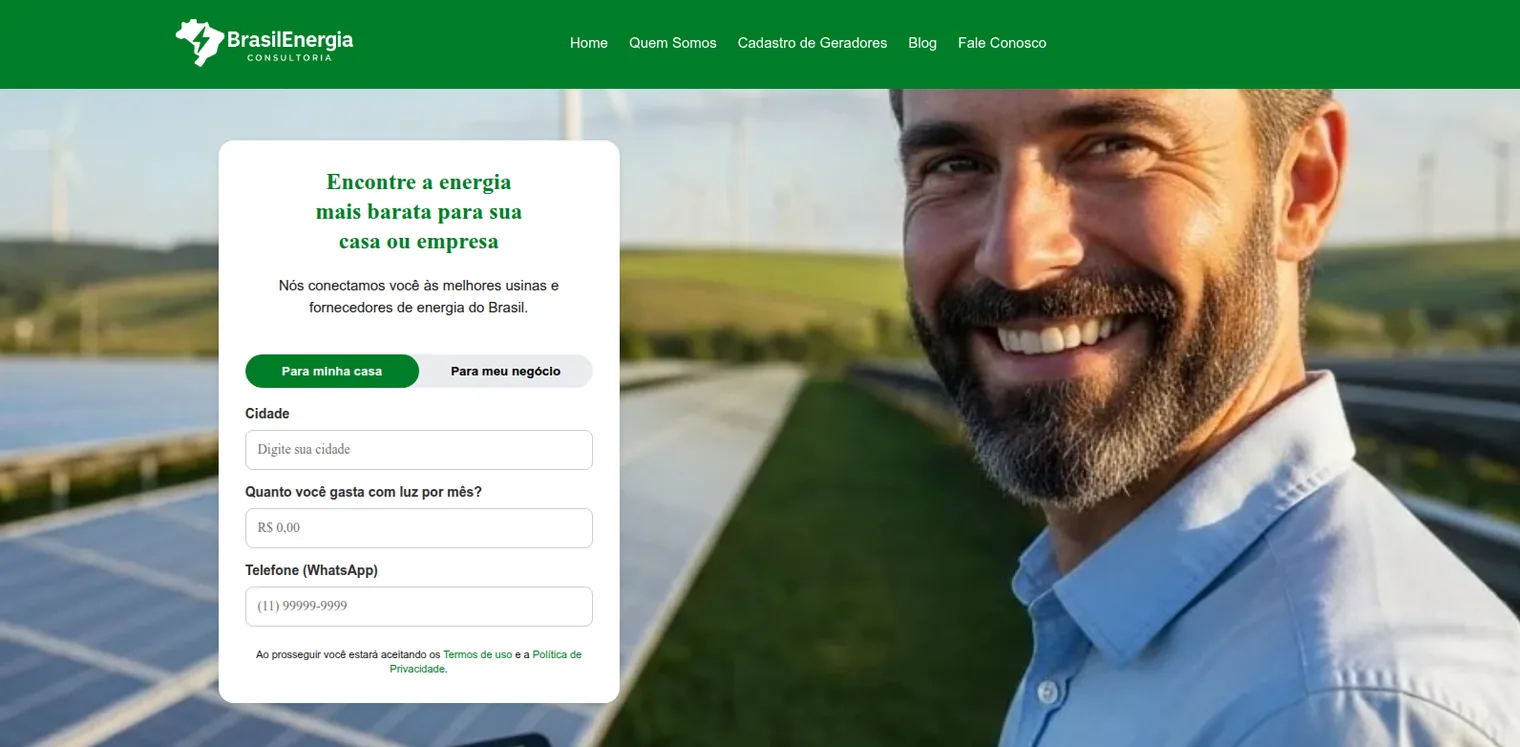Página inicial do site da Brasil Energia Consultoria com o formulário que encontra a energia mais barata para casa ou empresa, sobre foto de usina solar