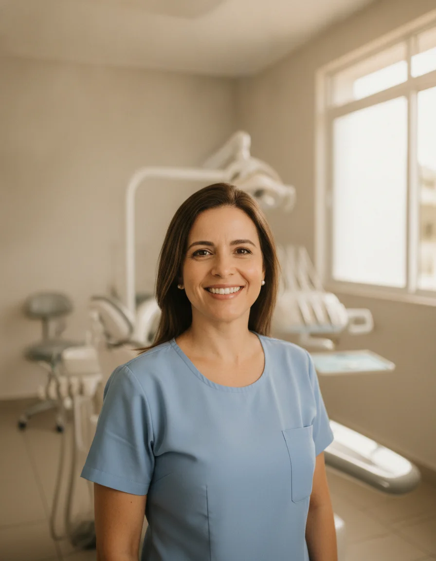 Dentista sorrindo em consultório odontológico