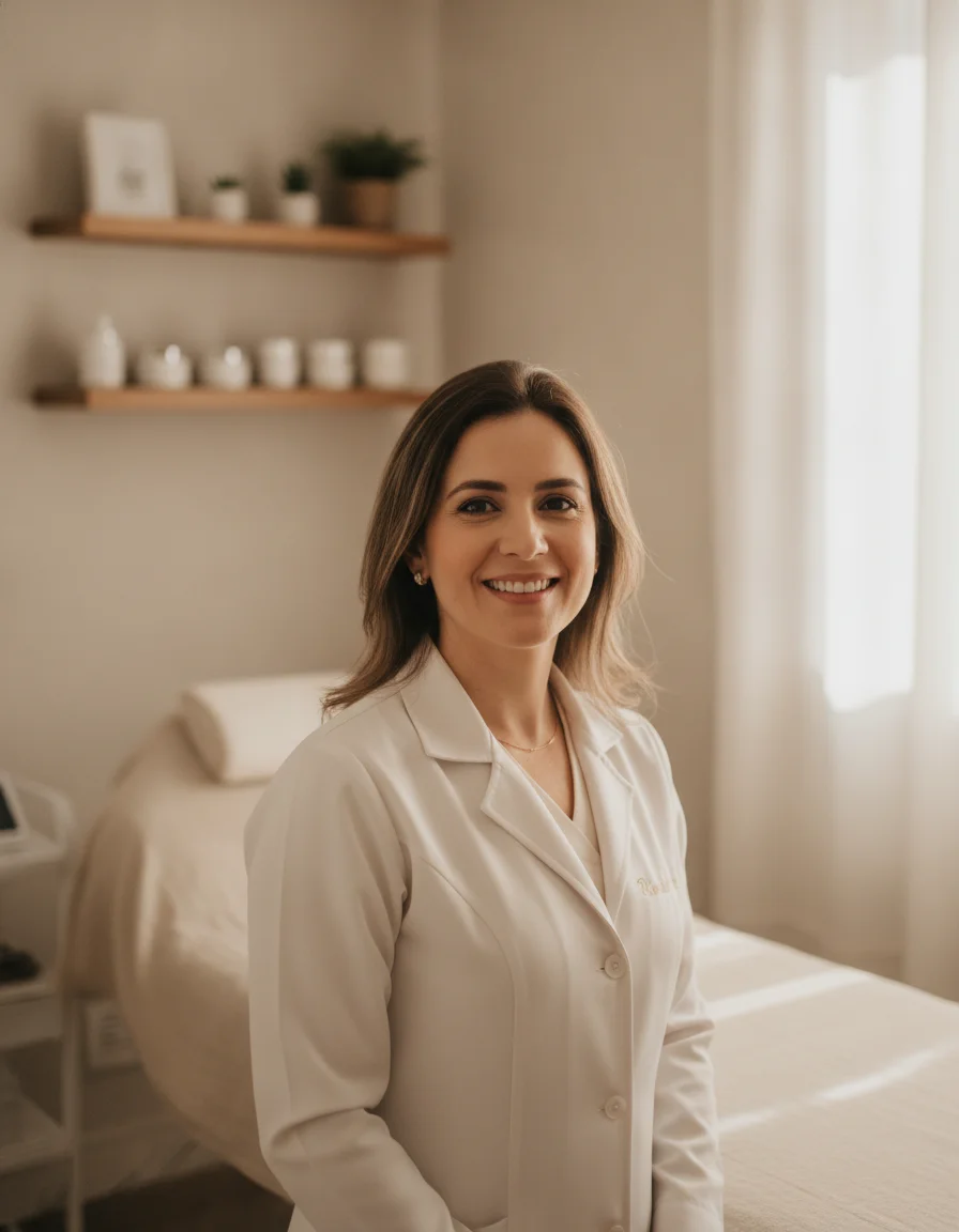 Esteticista sorrindo em clínica de estética