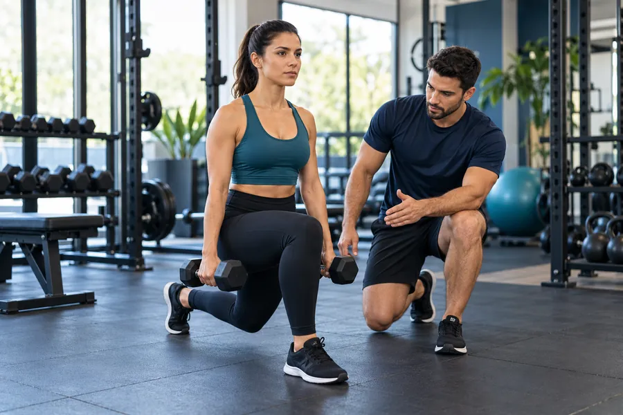 Personal trainer orientando aluna durante treino na academia