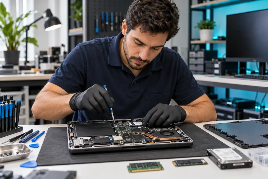 Técnico consertando notebook em assistência técnica de informática