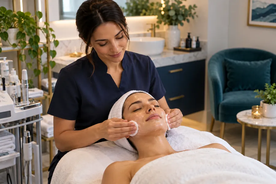Esteticista fazendo limpeza de pele em cliente numa clínica de estética