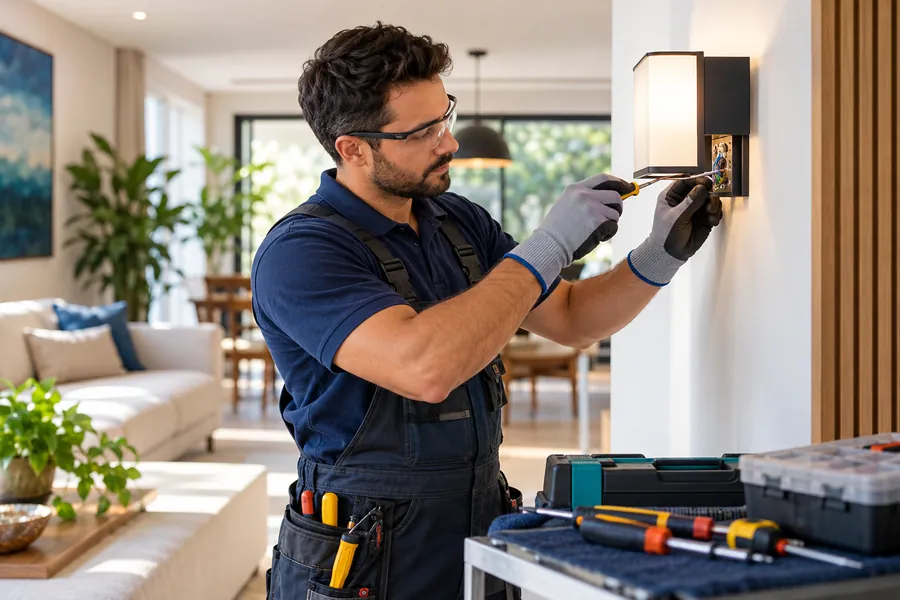 Eletricista instalando luminária em uma residência