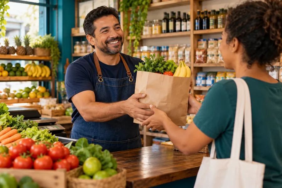 Dono de mercearia de bairro entregando sacola de compras para cliente