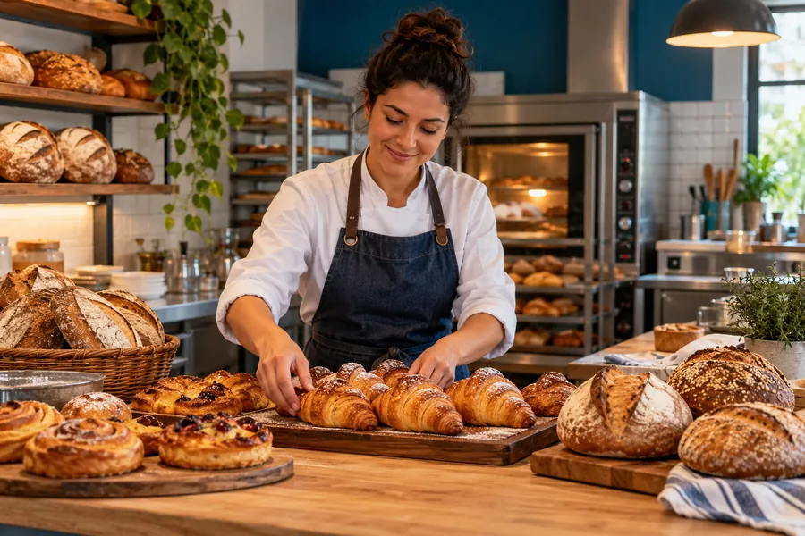 Confeiteira organizando pães e croissants recém-assados em padaria de bairro