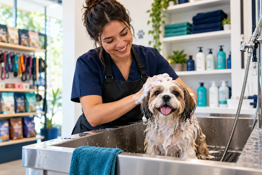 Profissional de pet shop dando banho em cachorro shih tzu